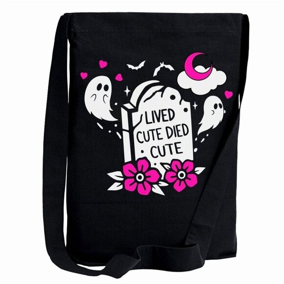 Too Fast Sling Tote | Lived Cute Died Cute Black Pink Canvas Crossbody Spooky - Picture 1 of 3